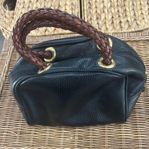 VINTAGE Desmo Black ITALY Black Pebbled Leather Brown Braided Handles handbag